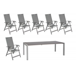 Kültéri étkezőszett 160-220cm kihúzható asztal és 6 csíkos szék alumínium-HPL platina