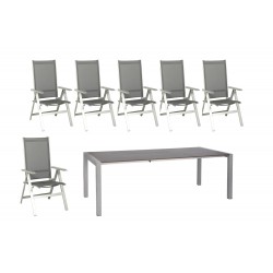 Kültéri étkezőszett 160-220cm kihúzható asztal és 6 szék alumínium-HPL grafitszürke