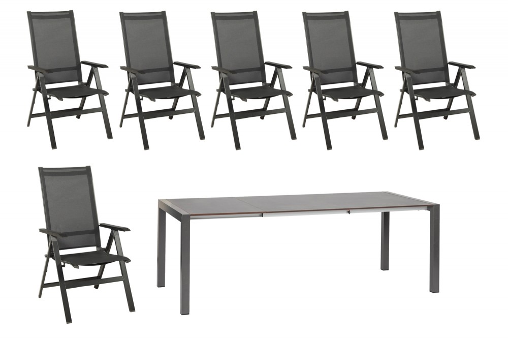 Kültéri étkezőszett 160-220cm kihúzható asztal 6 összecsukható szék alumínium-HPL antracit 819900 - 1