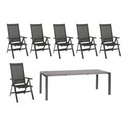Kültéri étkezőszett 160-220cm kihúzható asztal 6 összecsukható szék alumínium-HPL antracit